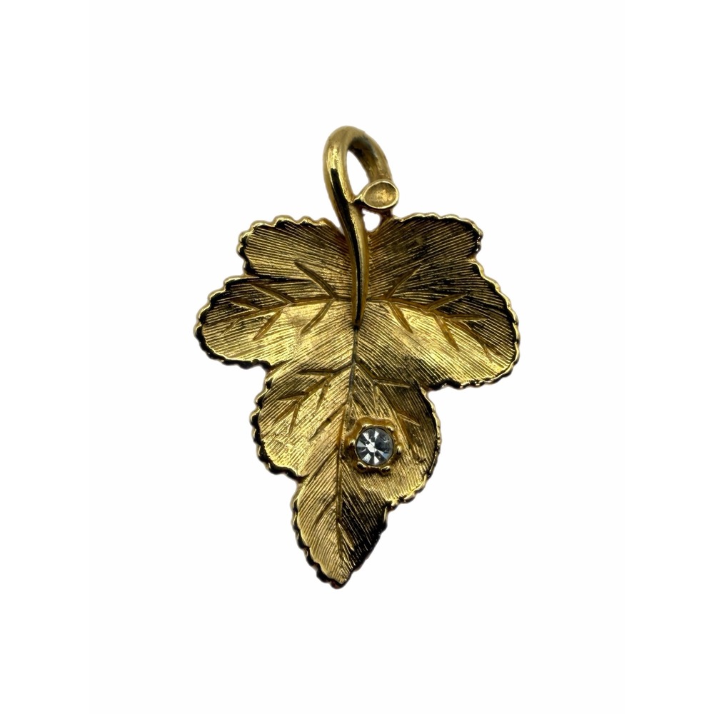 Vintage Gold Tone Textured Leaf Pendant with Rhinestone Accent Botanical Charm